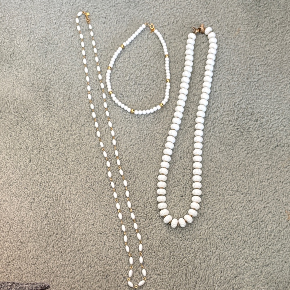 3 Classic White Beaded Necklaces (Monet & Trifari)